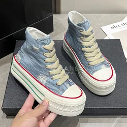 Thick-soled High-top Canvas Shoes Women 2024 New Tall Autumn Style Personality Hollow Denim Trend Sneakers Girls Platform Shoes