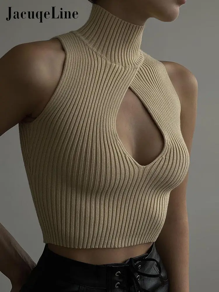 

Jacuqeline y2k Cut Out Elegant Turtleneck Crop Top Women Sexy Sleeveless Knitted Tank Top Club Party 2023 Summer Fashion Clothes