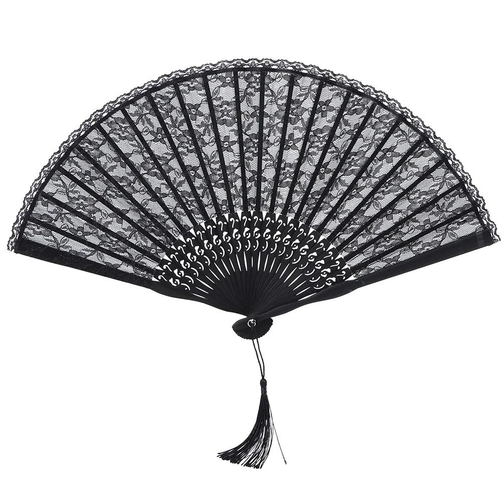 E5 Double Layer Vintage Janpanese Style Lace Hand Folding Fan for Women Performance Gifts Party Decoration PropBlack Folding Fan