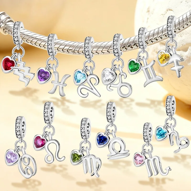 925er Sterlingsilber, personalisierbar, 12 Sternbilder, mehrfarbig, Liebesherz-Anhänger, DIY-Armband, Armreif, Geschenk für edlen Schmuck