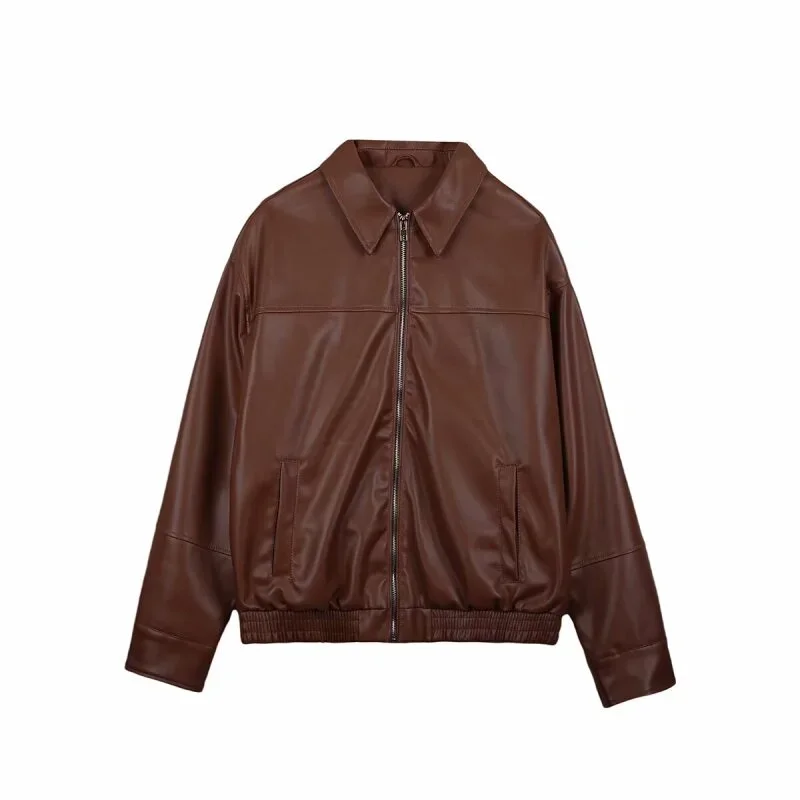 

Faux Leather Lady Jacket Coat Fashion Cool Moto Style Streetwear Retro Long Sleeves Outerwear Zipper Simple Coat Tops Winter