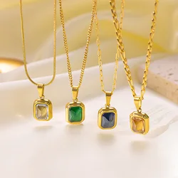 Vintage Blue Green Yellow Gemstone Stainless Steel Plated 18K Hip Hop Necklace Couple's Collarbone Chain Necklace Jewelry