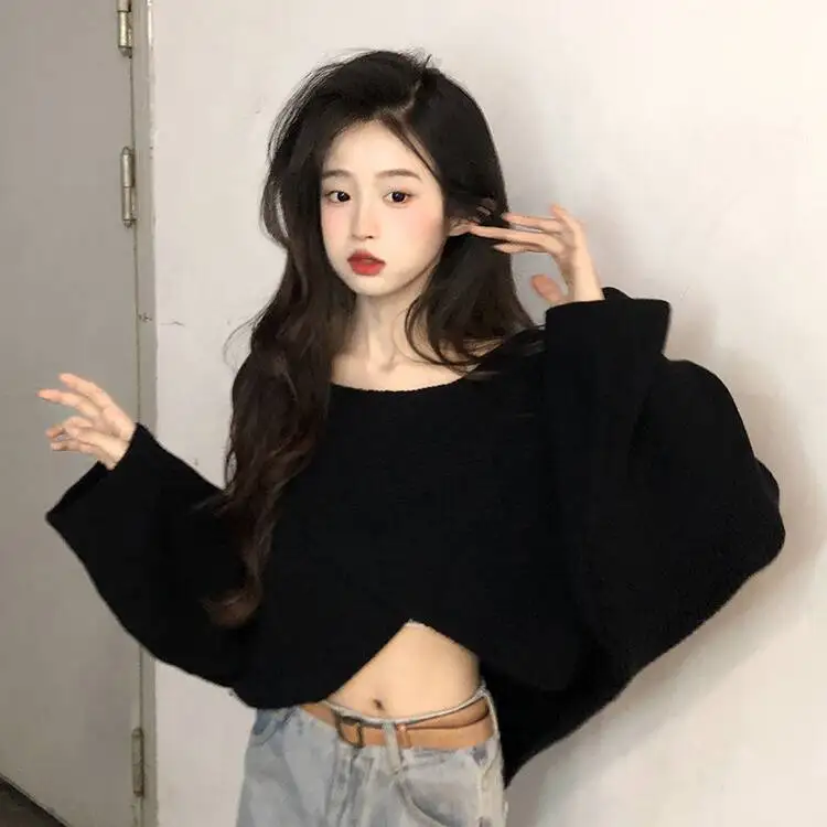 Irregular Cross Knitted Sweater 2024 Autumn And Winter New Short Street Niche Design Tops Women'S Long-Sleeved Pullovers