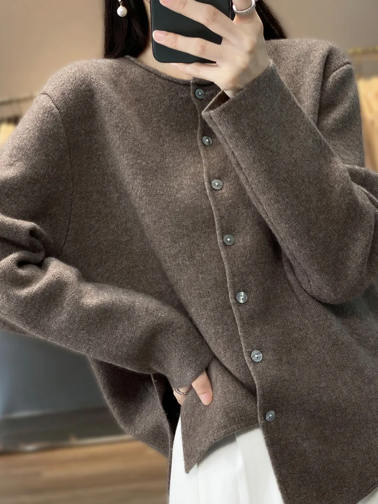 Hot Sale Women's Cardigan 100% Merino Wool Sweater Knitted Round Collar Cardigan Spring and Autumn Female Loose Fashion Clothes