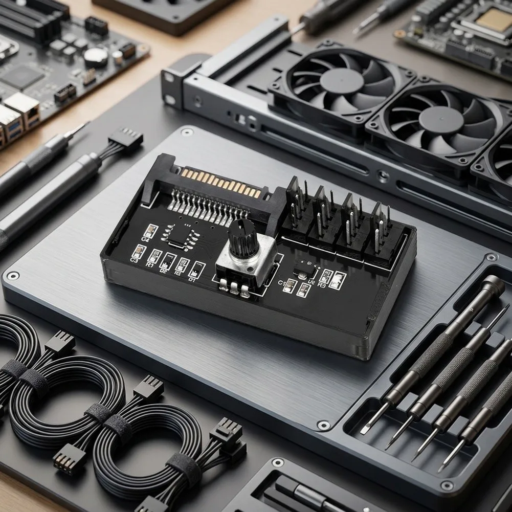Fan Regulation Controller for Server Cooling For PWM Adjustable 0-100% with 4x 4-Pin Connectors Black Housing 63x32x20.3mm
