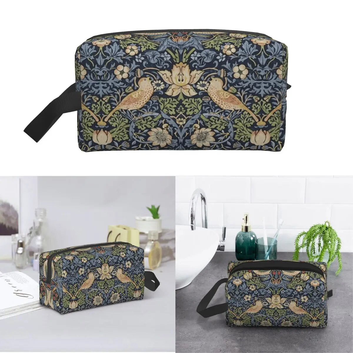 William Morris Strawberry Thief Pattern Makeup Bag Cosmetic Organizer Storage Dopp Kit Toiletry Cosmetic Bag for Women Beauty