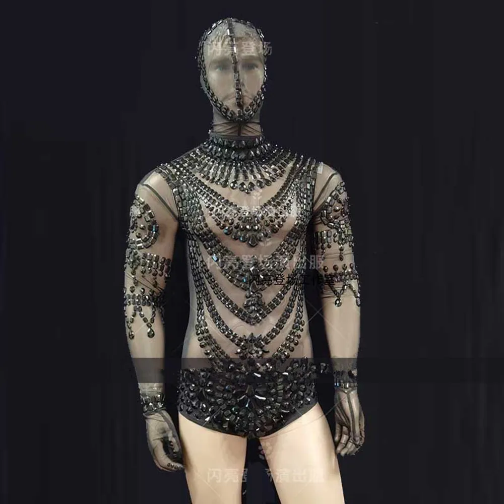 Muscle Man Nightcub Bar Club Stage Costume Carnival Festival Party Show Sexy Gogo Masked Bodysuit Male Rave Outfits Black