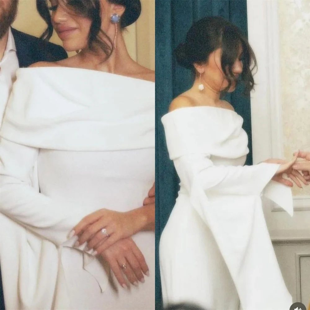 

Customized Exquisite White Jersey Wedding Dress High Quality Boat Neck Long Sleeves Ribbon Chapel Train Mermaid Bridal Gowns