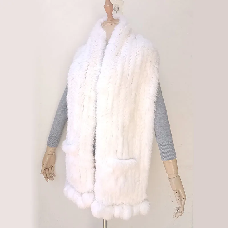 2023 New Winter Thick Knitted Real Rex Rabbit Fur Shawl With Fur Pom pom Fashion Female Genuine Fur Big Scarf With Pocket