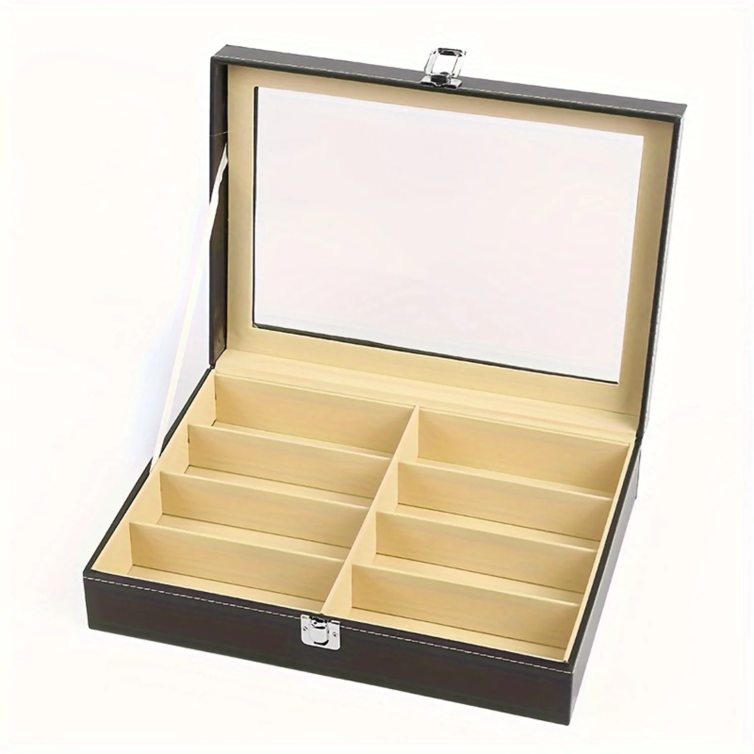 8 Slots PU Leather Sunglasses Organizer For Women Men, Eyewear Display With Glass Lid, Glasses Holder Collection Box