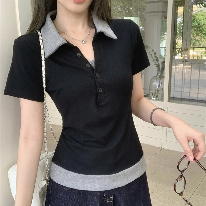 

2026 new fake two-piece contrasting color POLO shirt slim and thin Korean design sense niche short-sleeved top women's T-shirt