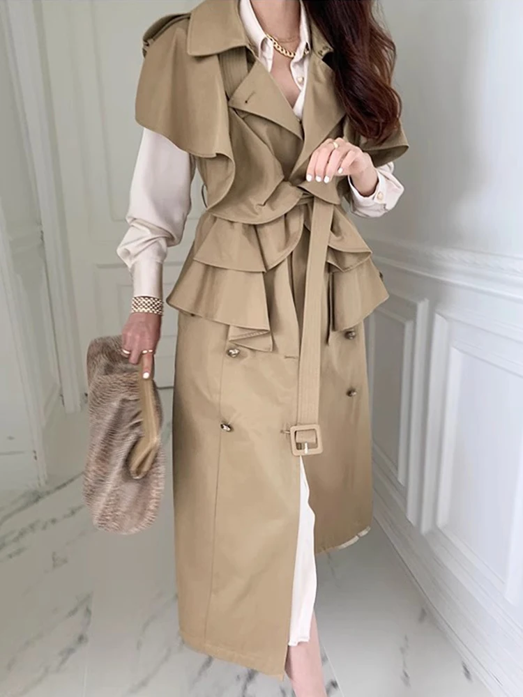 Damski płaszcz trencz, odzież przeciwdeszczowa, blok kolorów, literacki płaszcz wierzchni, na każdą porę roku, szary, krótki, do połowy łydki, gruby, ocieplany polarem, z paskiem w talii.