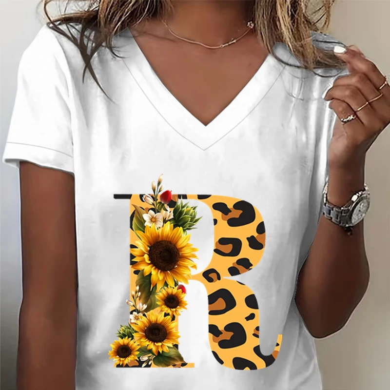 Women's V-Neck T-Shirt Sunflower Leopard Print Letter R Graphic Tee Watercolor Flower Leopard Print T-Shirts A-Z 26 Alphabet Top