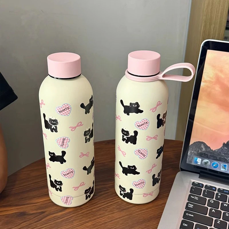 

Kawaii Stainless Steel Thermos Bottle 500ml Cute Cat Coffee Tea Thermos Cup Leak-Proof Girl Insulated Water Bottle With Handle