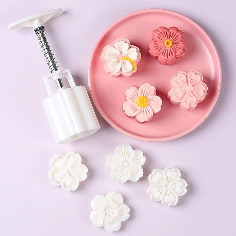 【AD】4Pcs/Set Pastry Decoration Plunger Tools Mid-Autumn Festival Mooncake Mold Hand-Pressure Cookie Stamps with Floral Patterns