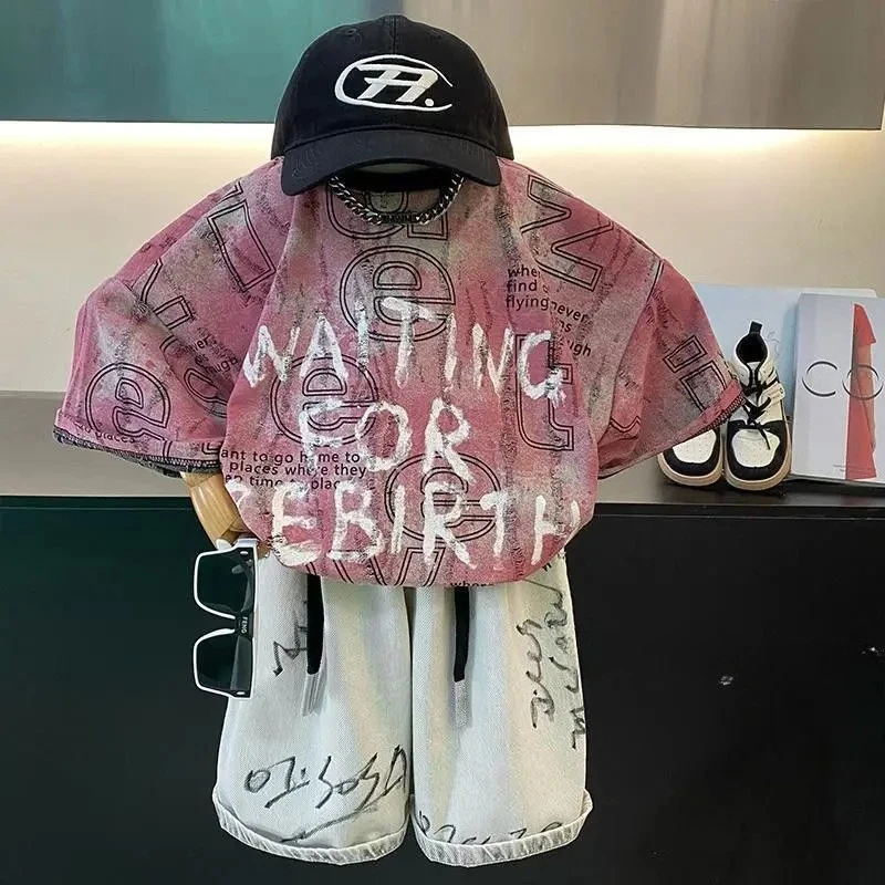 

Boys' Sets Full Graffiti Letter T-shirt Denim Shorts Two-piece Suits Worn-out Handsome Fashion 2025 New Summer Hip Hop Suits