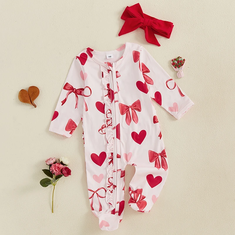 0-18Months Baby Girls Valentine's Day Clothes Outfit Bow Heart Print Long Sleeve Ruffles Zip-up Footies Jumpsuit and Headband