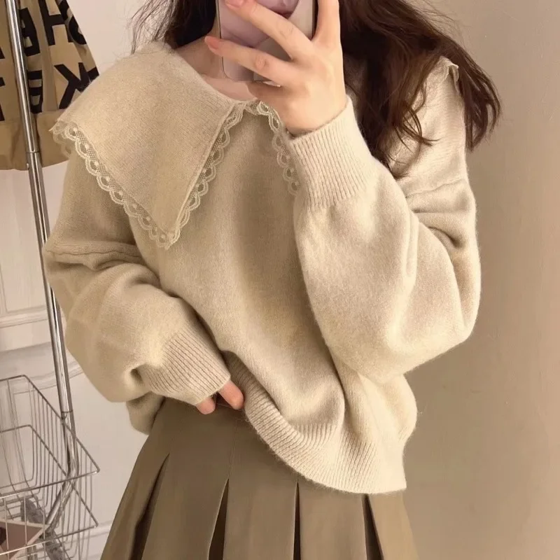 Ezgaga Knitted Sweater Women Peter Pan Collar Lace Patchwork Autumn Winter Loose Pullover Sweet Elegant Ladies Jumper