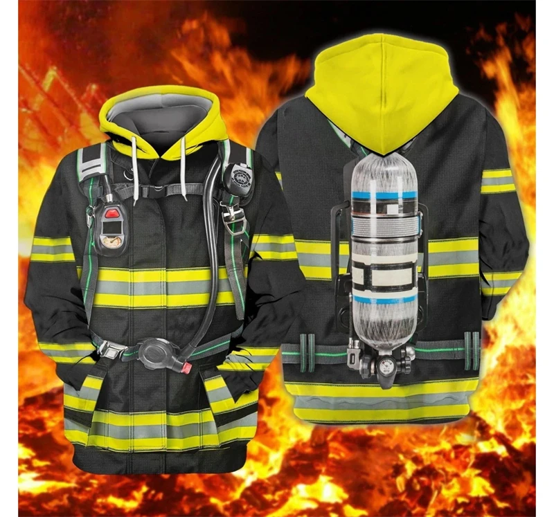 Firefighter Costume Hoodies 3D Print Men Clothing Fashion Trendy Fireman Cosplay Hooded Sweatshirts Pullovers Y2k Harajuku Tops