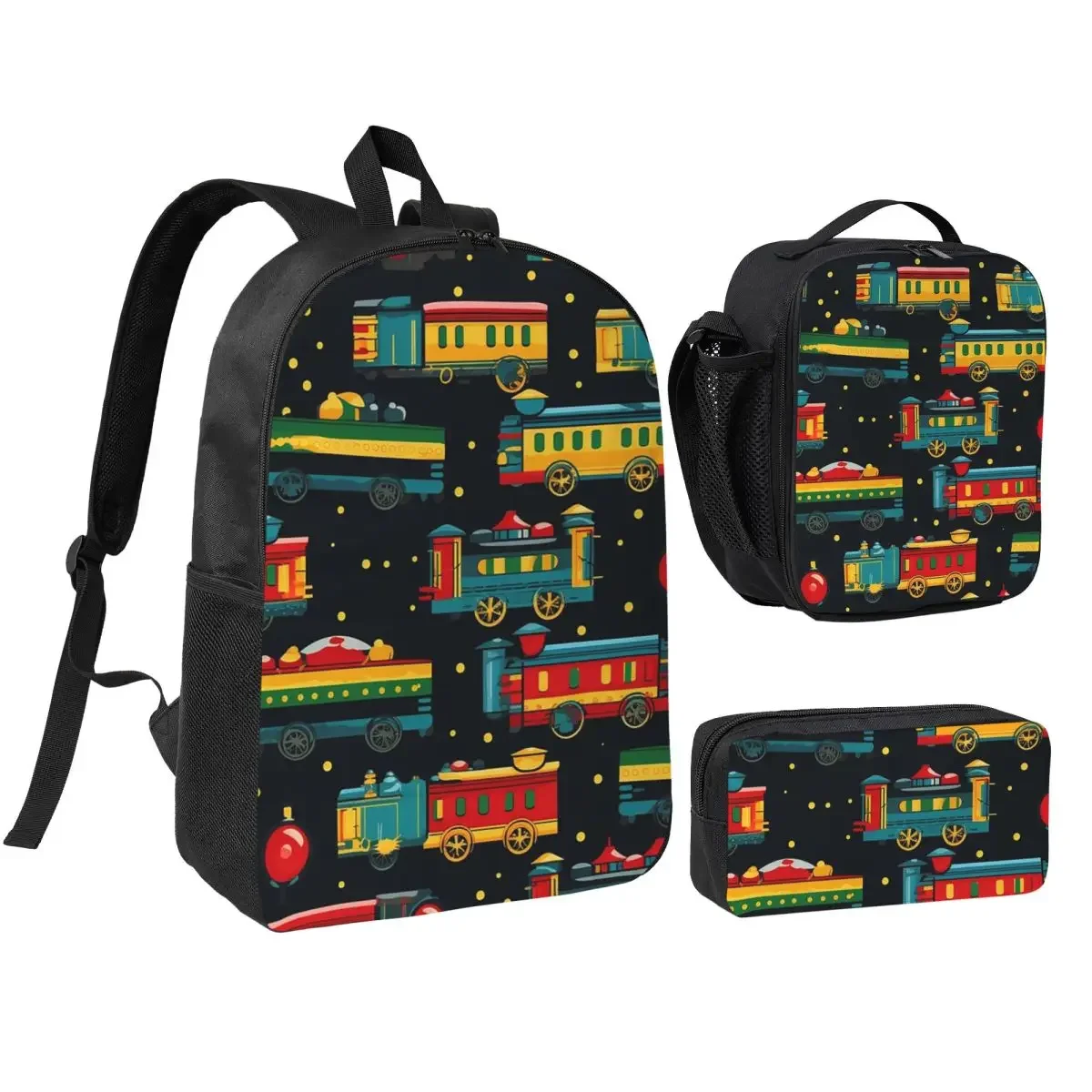 Cartoon Train Models Display Design Backpack BookBag School Bag Computer Shoulder Bags 3ps Insulated Lunch Bag Pencil Case