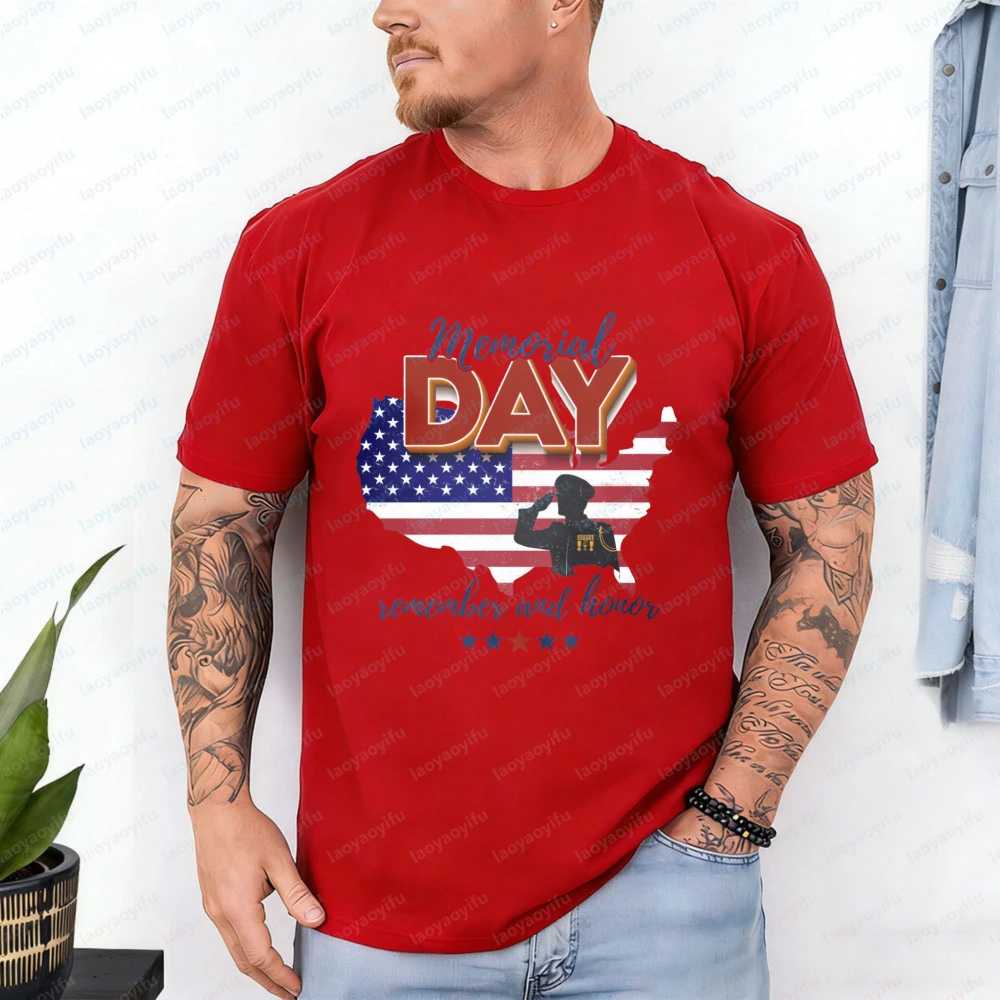 

Memorial Day T-Shirt Remember and Honor Salute Soldier Patriotic Casual Cotton Tee Festival Vintage Trend Classic Men's Clothing