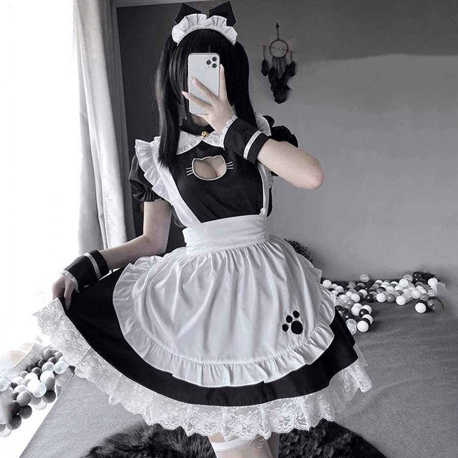 Sexy Zwarte Kat Meisje Meid Jurk Schattige Lolita Jurk Kawayi Kat Meid Cosplay Kostuums Vrouwen Verkleedpartij Podium Meid Outfits