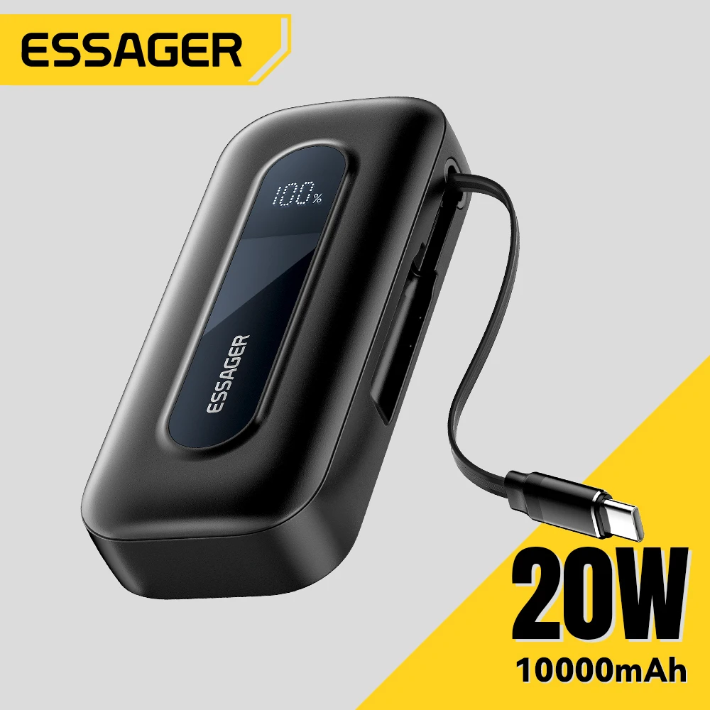 

Essager PD 20W Fast Charging Power Bank 10000mAh 2 in 1 Type C Retractable Cable Portable Battery Charger for iPhone16 15 Huawei