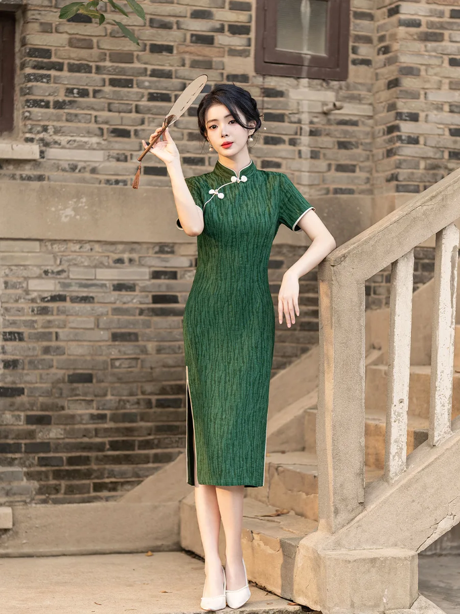 Green Stretch Cotton Cheongsam 2024 Summer New Improved Version Dress High-end Temperament Women's Cheongsam Qipao