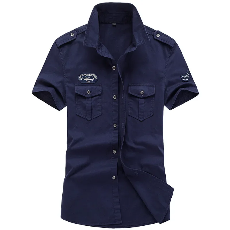 2023 Military Shirt Men Tactics Short sleeve Summer Tops Solid color High quality blue Cotton Pocket 6XL Plus size Man Clothes