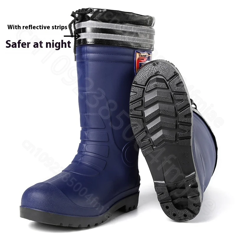 Velvet insulated high top rain boots for men with reflective strips winter labor protection triple waterproof shoes rubber shoes