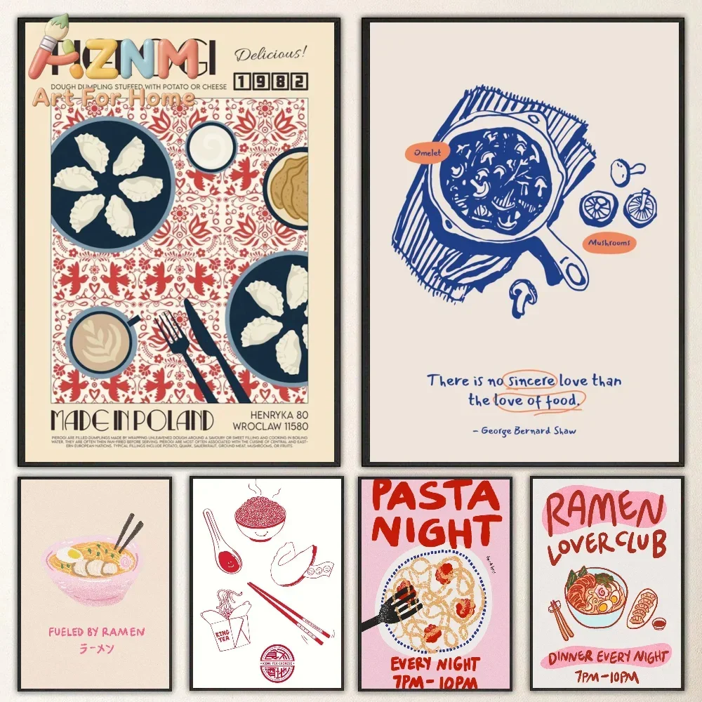 1pc Abstract Dumpling Spaghetti Strawberry Coffee Abstract Poster Self-adhesive Art Waterproof Paper Sticker Wall Decor