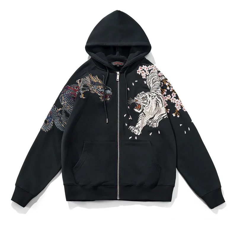 2025 Spring Hip Hop Zip Up Hoodie Jacket Y2K Tiger Chinese Dragon Embroidered Hooded Sweatshirt Coat Harajuku Cotton Streetwear