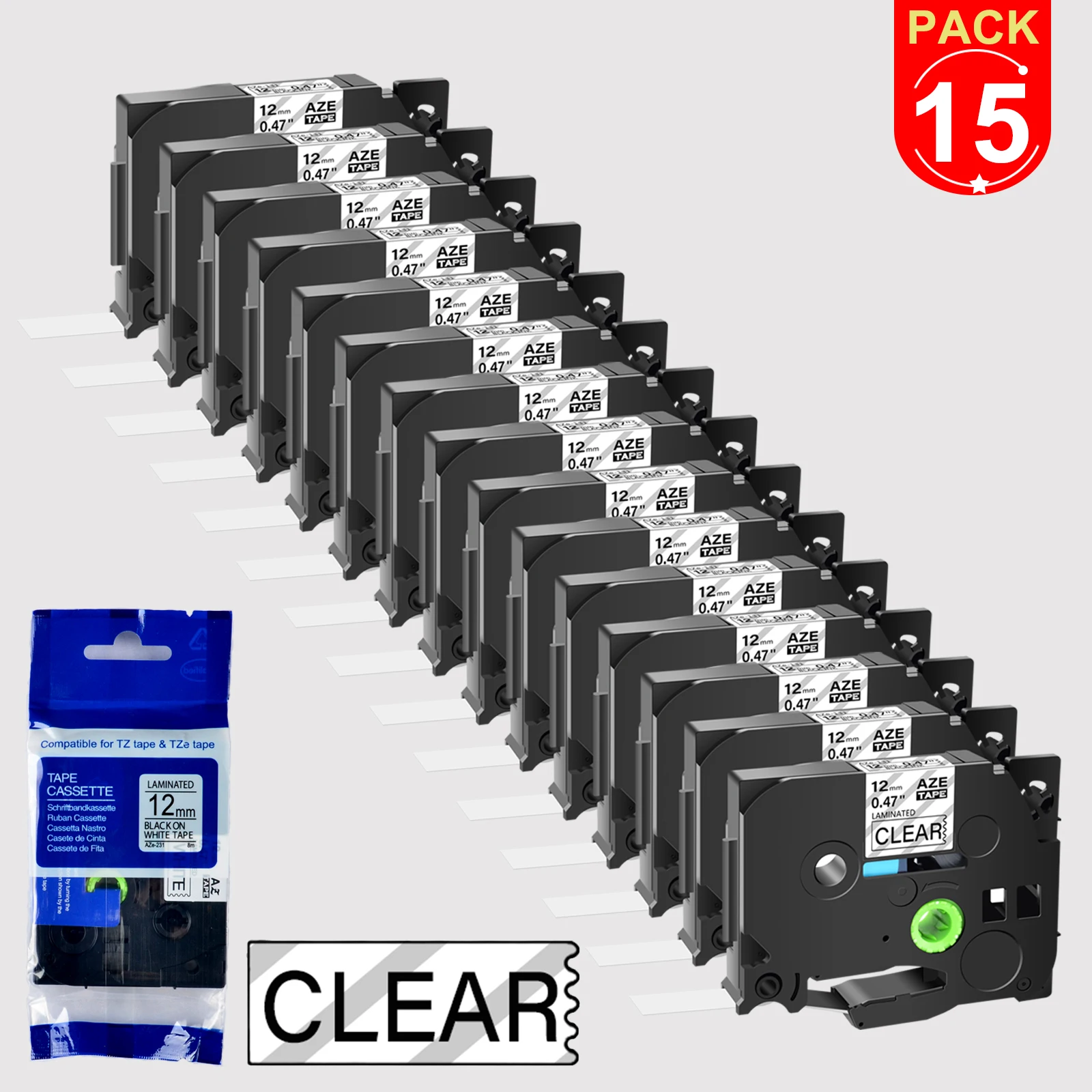 

15PK Black on Clear Laminated Label Tape Compatible for Brother TZe-131 6/9/12/18/24mm Label for Printer P-Touch PT-1000 PT-D450