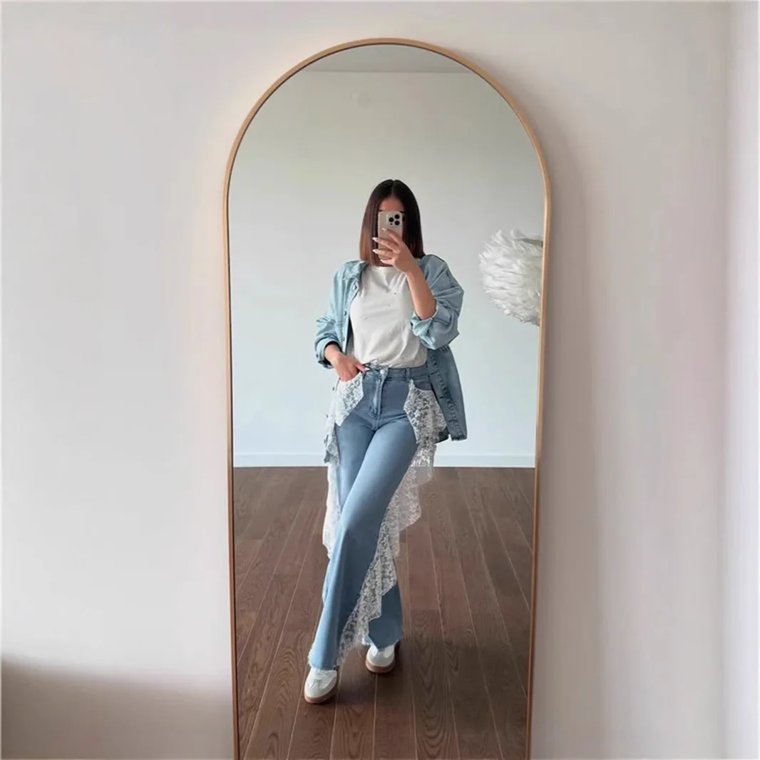 Y2k Trendy All-match Lace Spliced Denim Straight Leg Pants Women Design Streetwear High Waist Vintage Jeans Mujer Clothes New