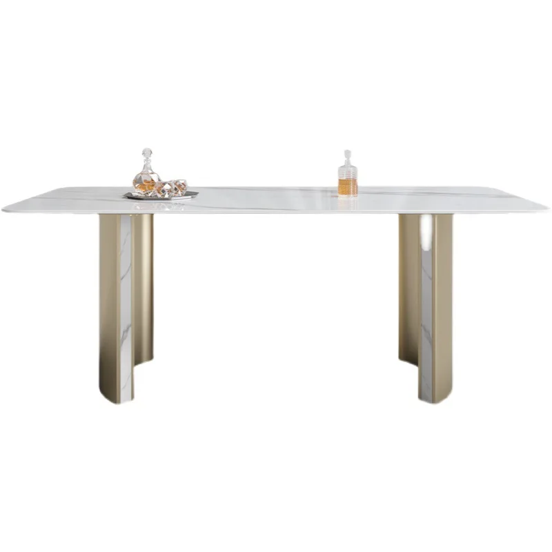 

Light luxury, stainless steel, rectangular, high-end, dining table and chairs, combination, modern, simple, rock slab