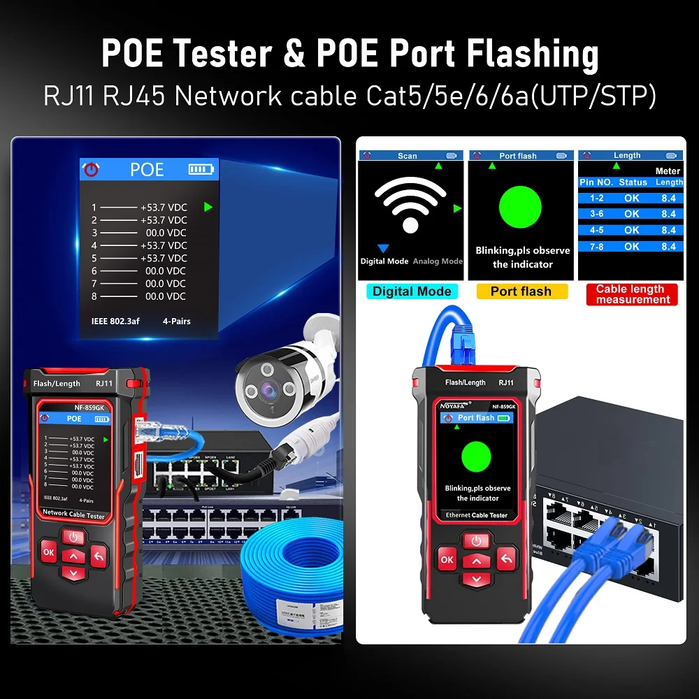 Probador de red buscador de línea de NF-859GK, luz roja, longitud de prensado de un solo cabezal, punto de interrupción, escaneo IP, circuito de tipo de carga PING