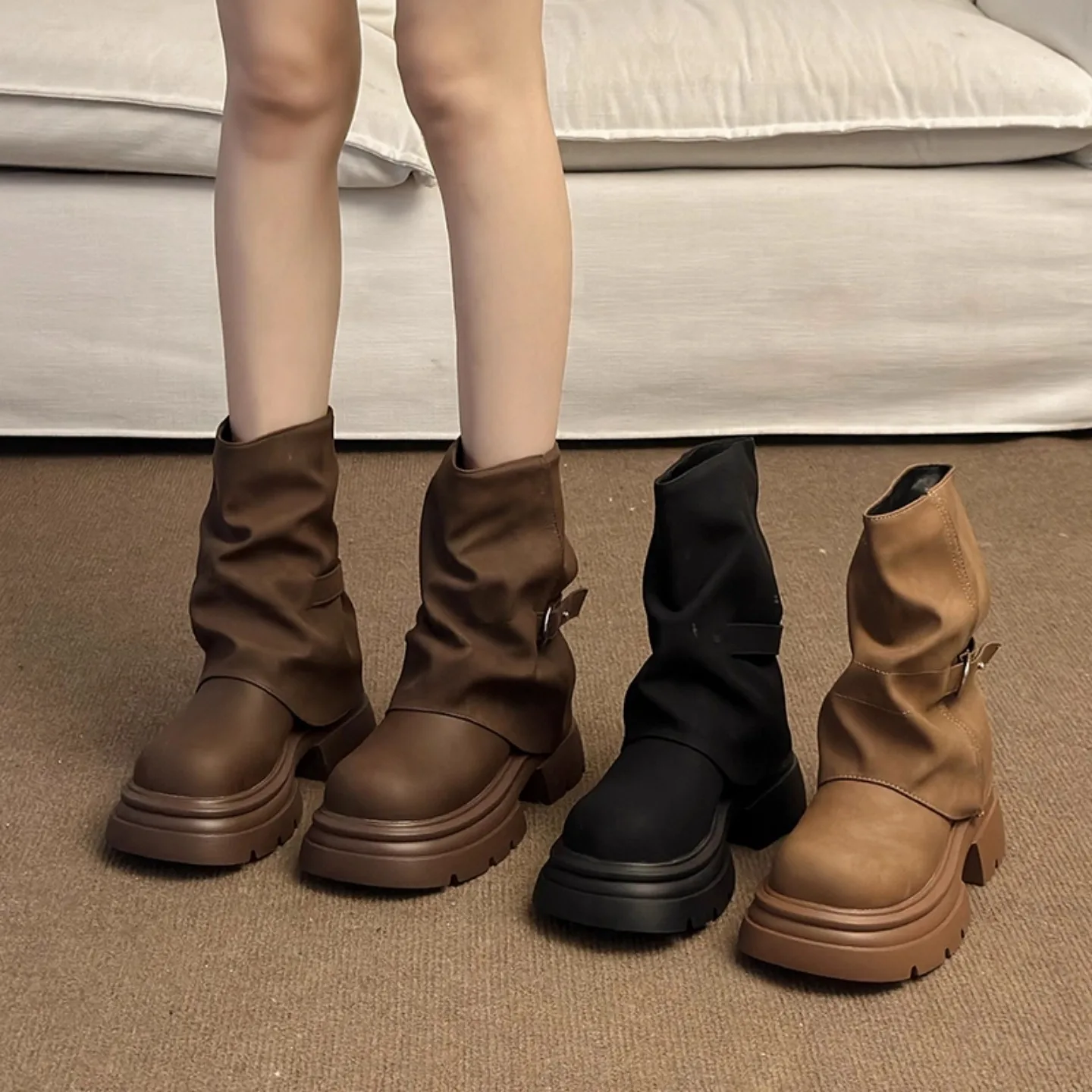 

Коричневые женские ботинки из натуральной кожи, новинка осени 2025, корейские ботинки-полусапоги с ремешком, синие полусапоги до щиколотки