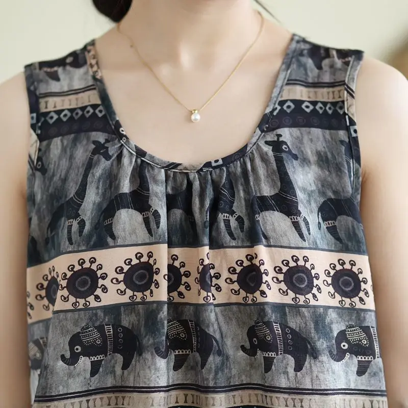 Nuevo chaleco sin mangas con cuello redondo a la moda, camisetas holgadas informales con estampado Retro para mujer, camisetas sin mangas con parte inferior