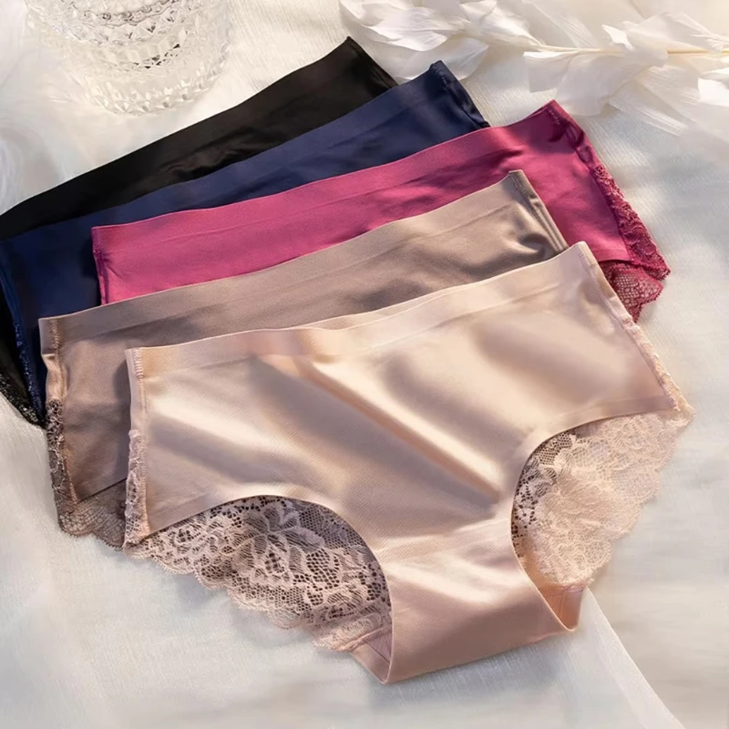 1/2/3pcs Women'S Panties Exquisite Lace Underwear Sexy Lingerie Big Size Sweet Silk Satin Briefs Sof