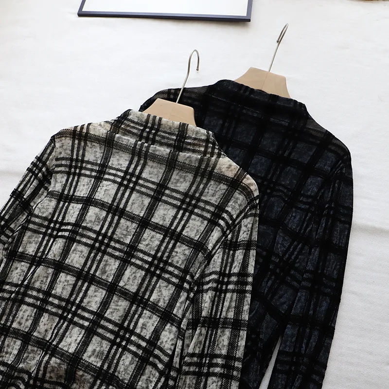 Retro Plaid Long Sve T-irt Women's Autumn New Sle Ele Versatile Slimming Elastic Me Top High Collar Base Layer P...