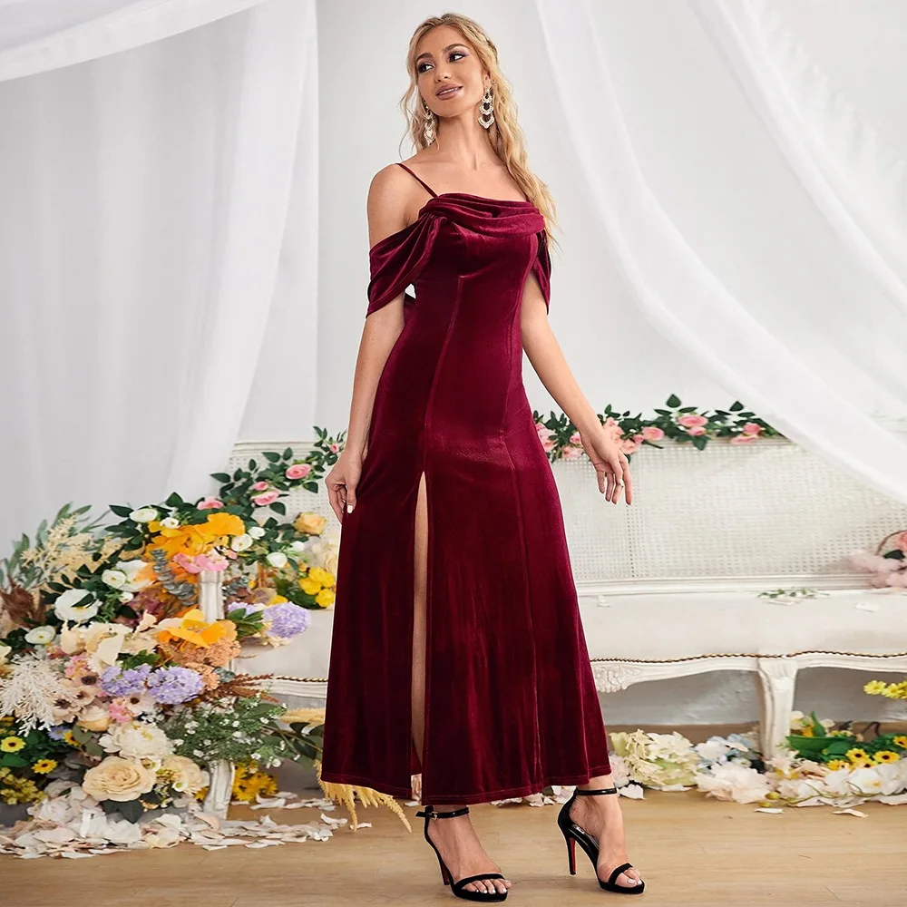 Neues Damen Dinner Split Samt Kleid mit einem Schulter Hosenträger Temperament vielseitiges Kleid