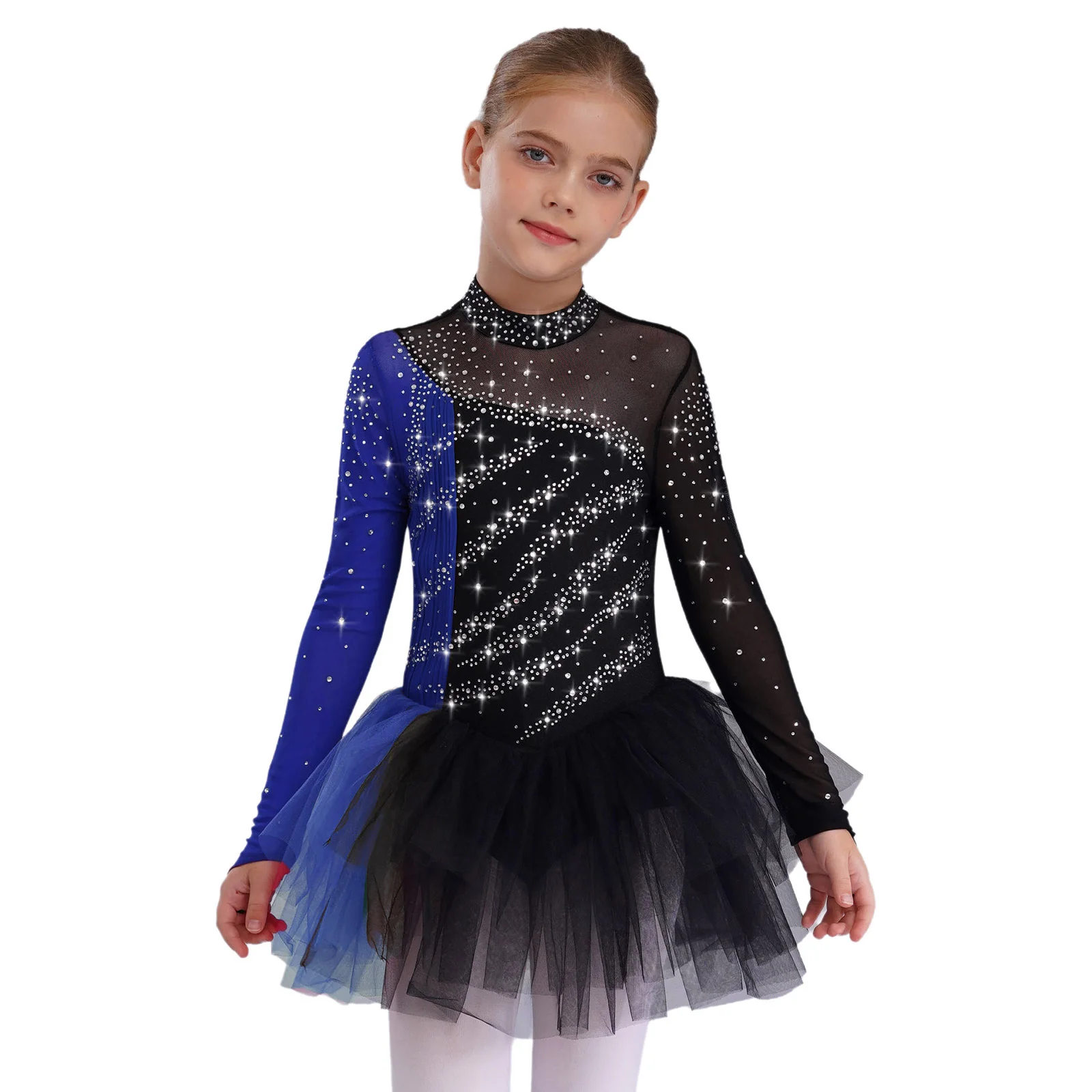 Kids Girls Long Sleeves Figure Skating Dresses Rhinestones Patchwork Ballet Tutu Dance Leotard Dress Stage Performance Costume - view 5