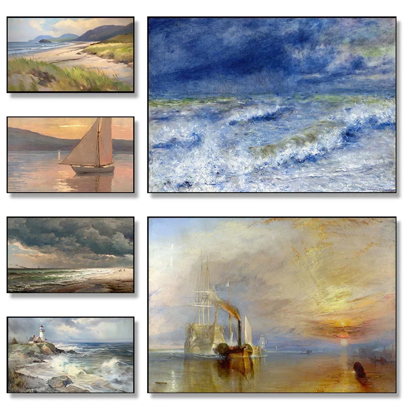 Stimmungsvolle Küstenlandschaft Segelboot Sonnenuntergang Leuchtturm Seelandschaft Poster Druck Wandkunst Bilder Leinwandgemälde Raumdekoration Geschenk