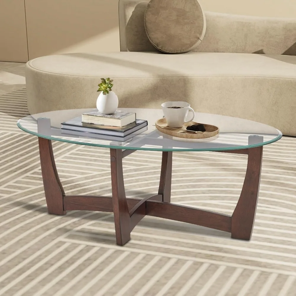 Modern Oval Tempered Glass Coffee Table with Solid Wood Base for Living Room, Simple & Stylish Center Table