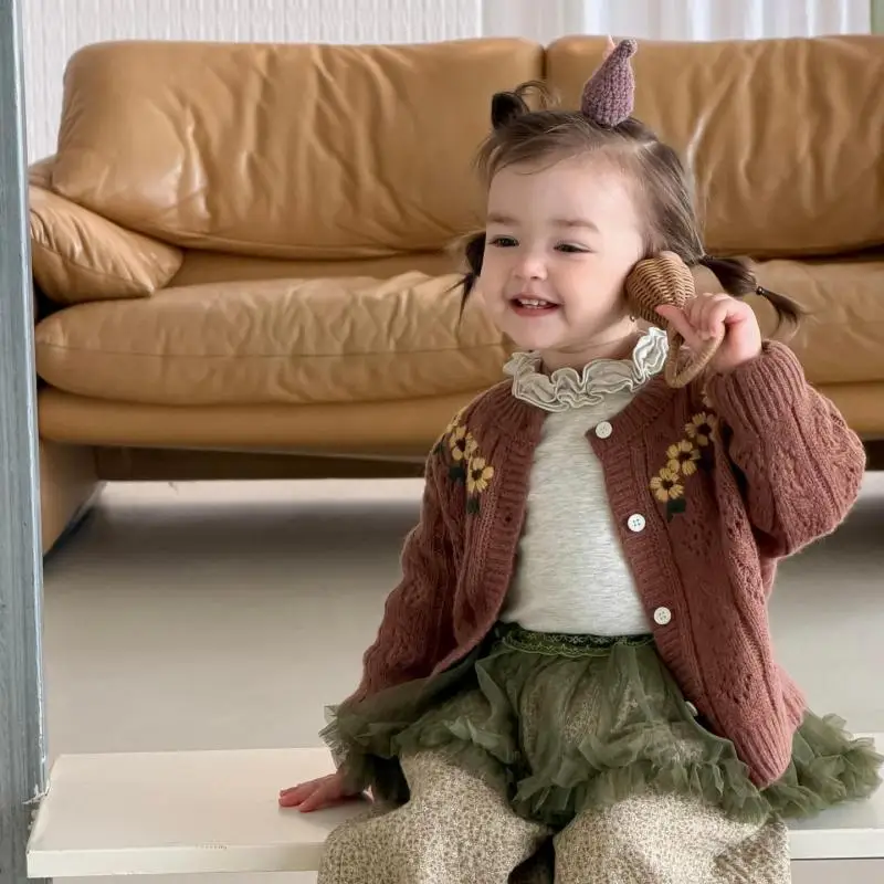 2026 Autumn New Baby Girl Long Sleeve Knitted Coat Girls Cute Flower Embroidery Knitwear Toddler Fashion Sweater Cardigan