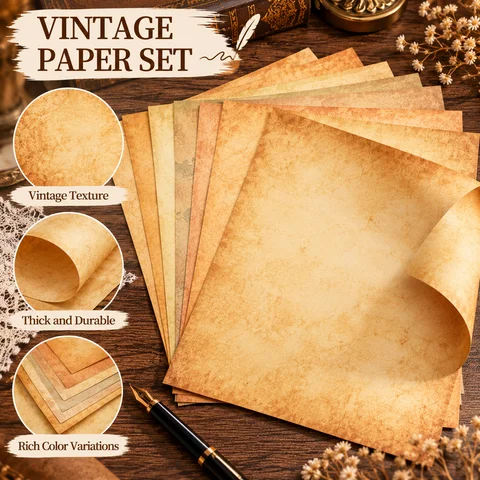 【Diy Journaling Essentials】22-Piece Vintage A4 Double-Sided Stationery Set, Includes 20 Sheets of Printed Material Paper and 2 Writing Pens, Nostalgic Style, Suitable for Writing Notes and Journaling Collage Creations