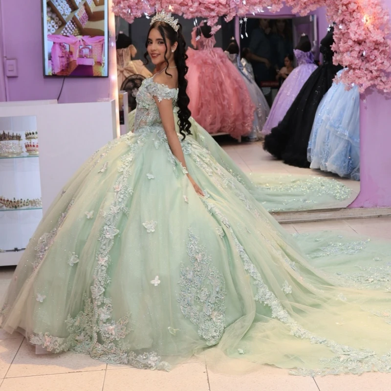 

Light Green Shiny Ball Gown Quinceanera Dresses 2026 Applique Lace Beading Crystal Bow Corset Off Shoulder Sweet 16 Dress Years
