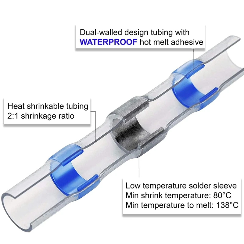 200PCS 26-24 AWG White Solder Seal Wire Connectors , Heat Shrink Butt Connectors, Waterproof and Insulated Wire Terminal