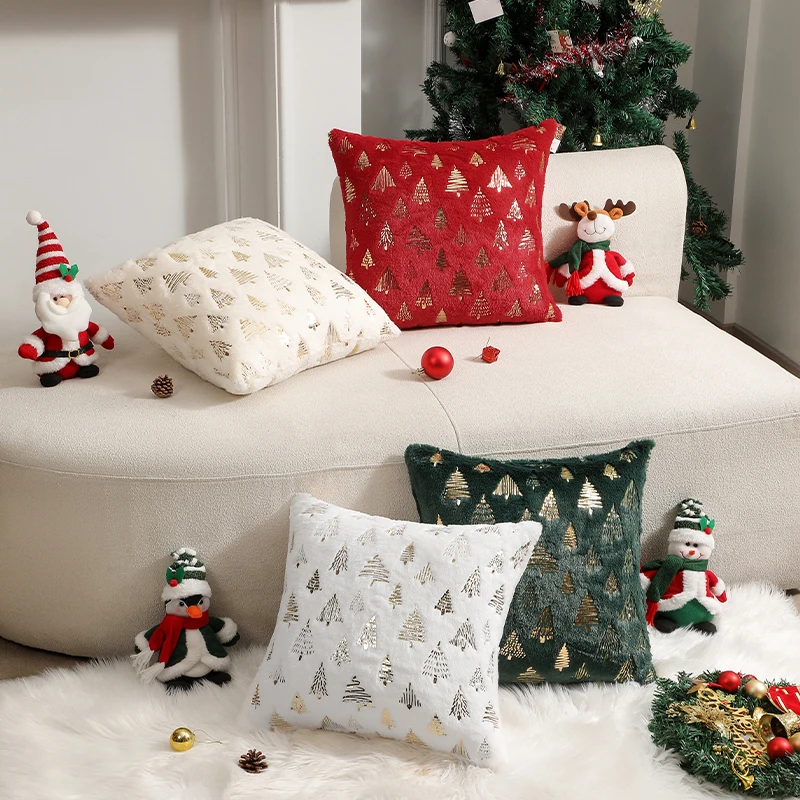 CANIRICA Cushion Cover Plush Christmas Supplies 45x45 Hot Stamping Pillowcase for Living Room Sofa Party Home Decor Pillow Cover