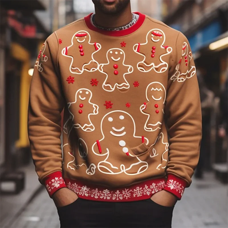 Sweat à capuche à motif de bonbons en pain d'épice pour hommes, pull imprimé 3D de Noël, sweats à capuche à col rond à manches longues, rue d'automne, adt PVD